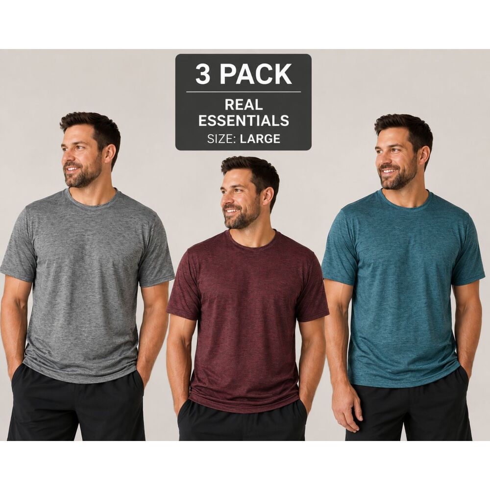 Real Essentials Men’s Large Dryfit Performance T-Shirts 3 Pack Gray Maroon Teal